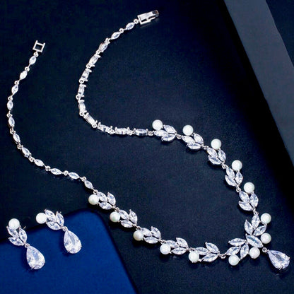 Tamron - Pearl and Cubic Zirconia Bridal Necklace and Earrings Set