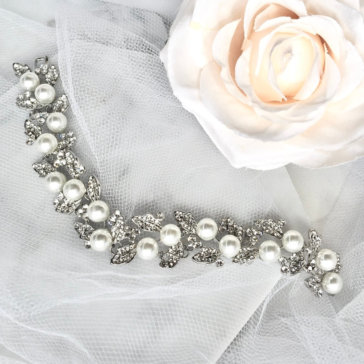 Sidra - Pearl and Rhinestone Bridal Bracelet - Available in Silver and Gold