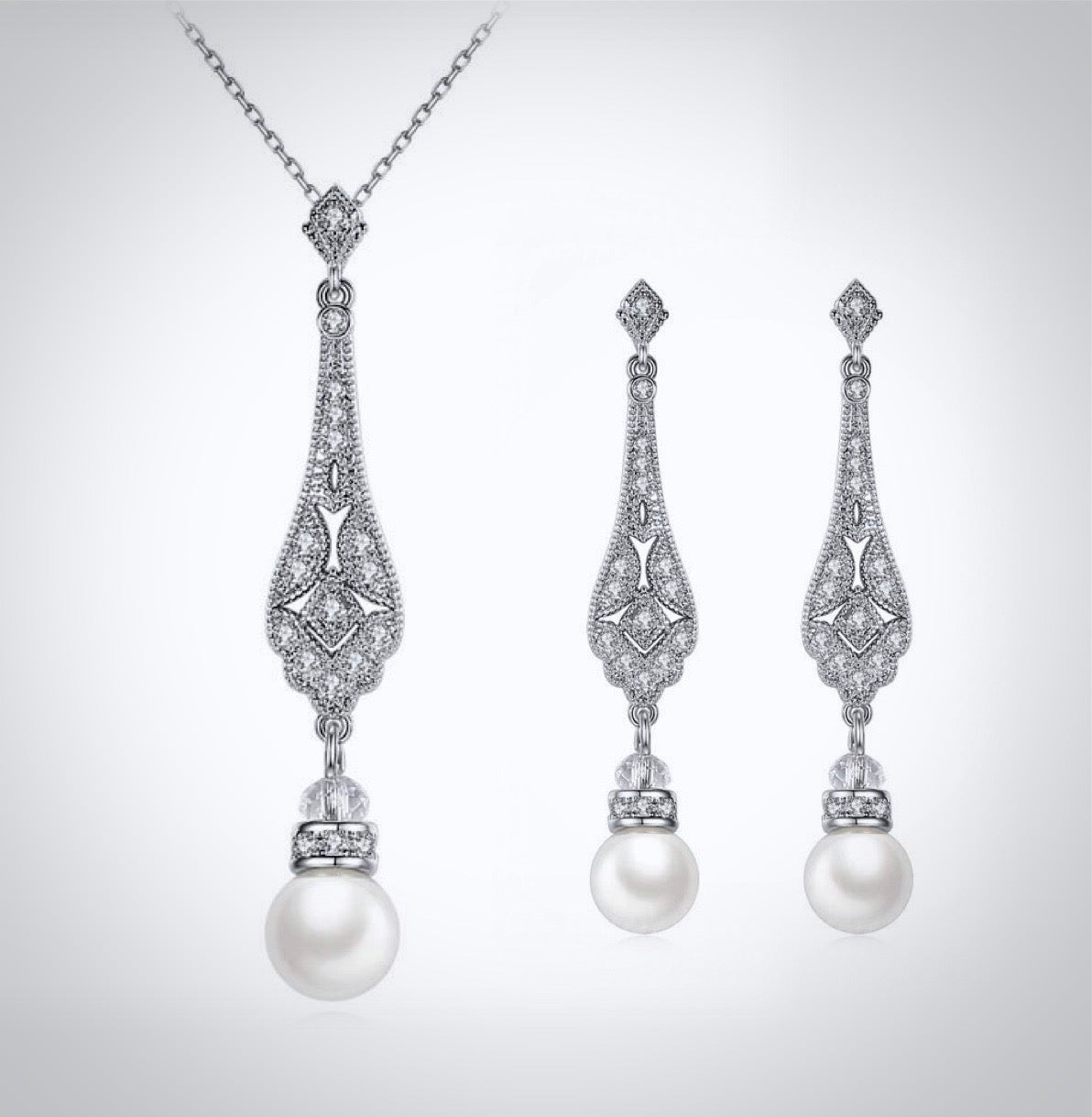 "Aretha" - Pearl and Cubic Zirconia Bridal Jewelry Set