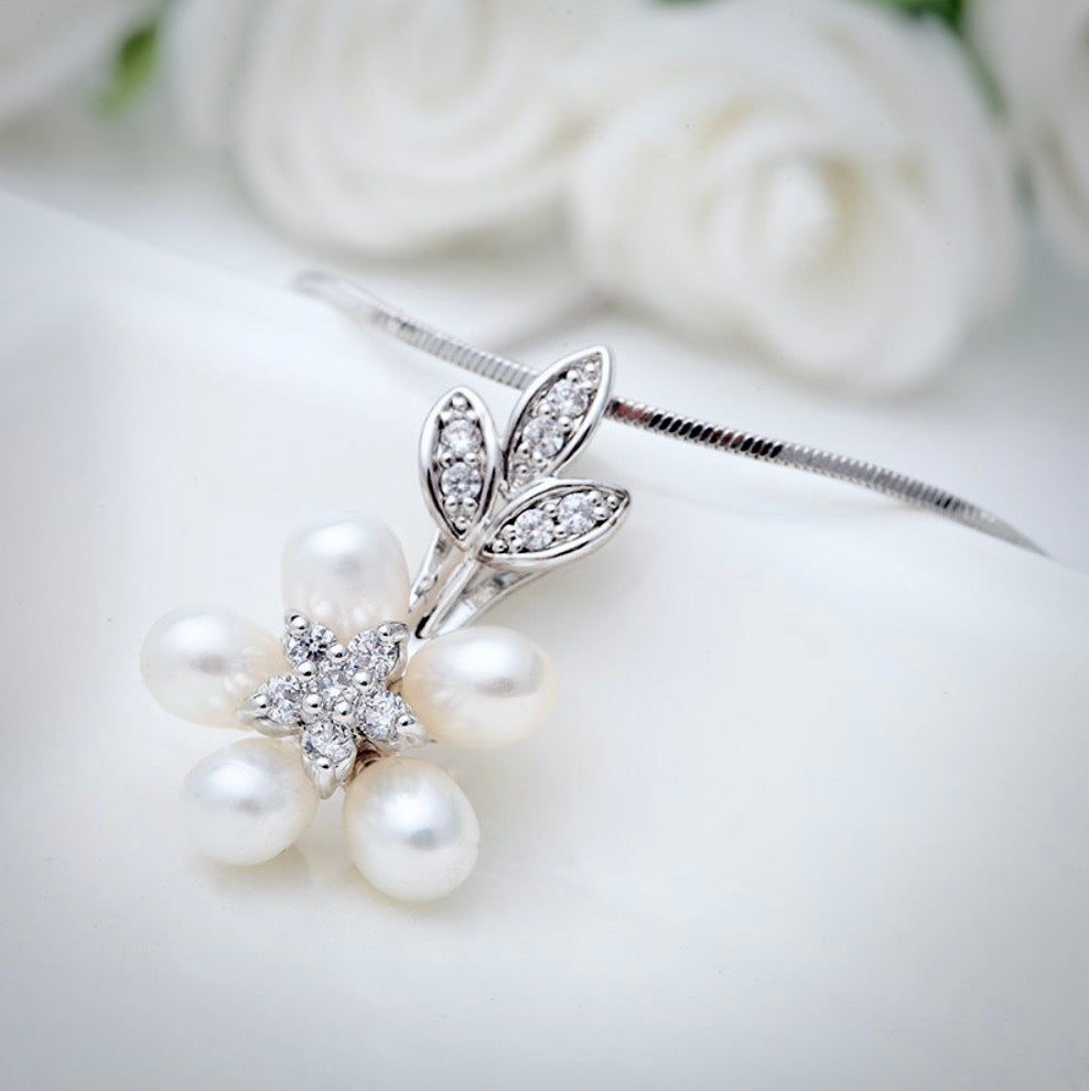 "Liv" - Pearl and Cubic Zirconia Bridal Necklace and Earrings Set