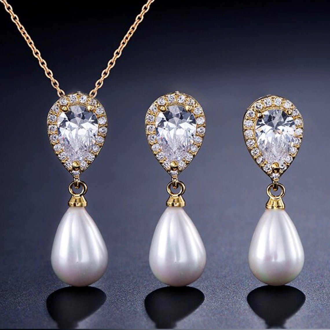 Janna - Pearl and Cubic Zirconia Bridal Necklace and Earrings Set - Available in Silver, Rose Gold and Yellow Gold