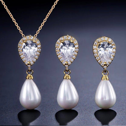 Janna - Pearl and Cubic Zirconia Bridal Necklace and Earrings Set - Available in Silver, Rose Gold and Yellow Gold