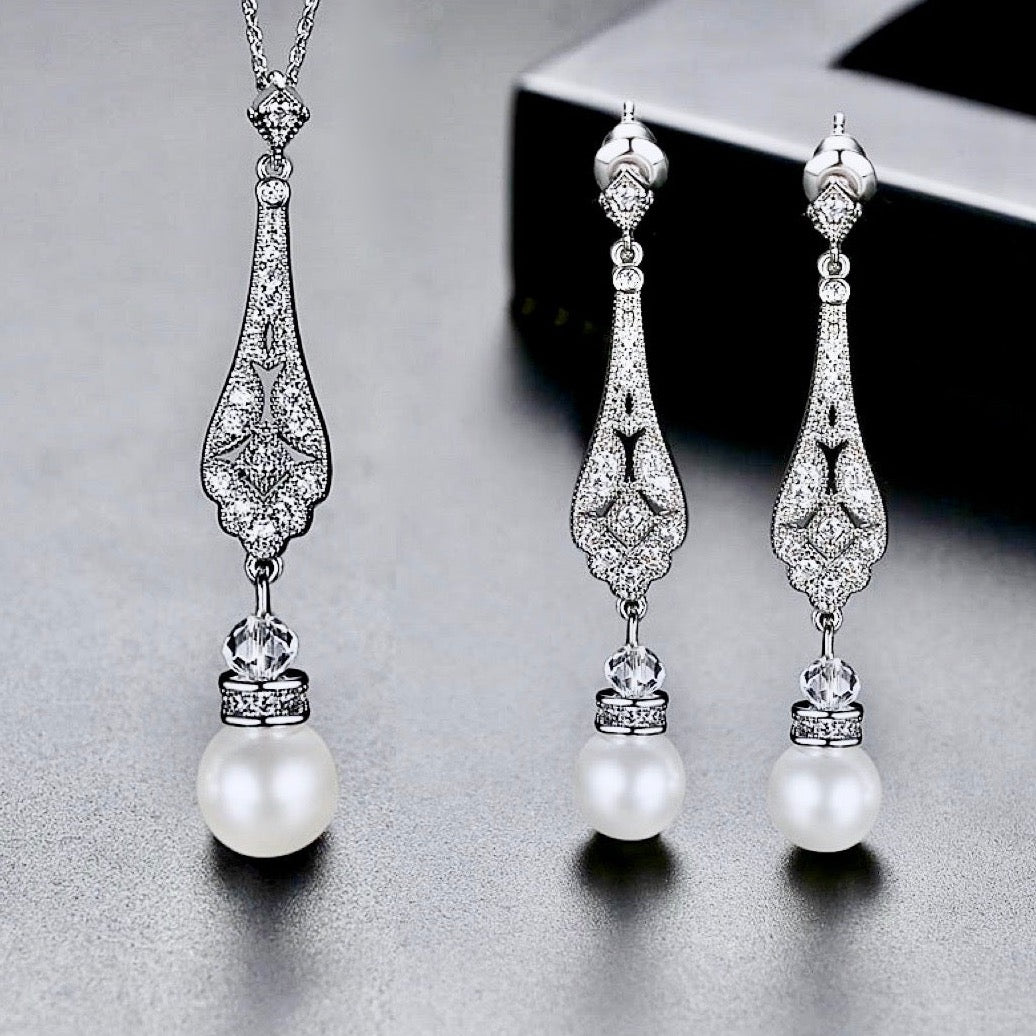 "Aretha" - Pearl and Cubic Zirconia Bridal Jewelry Set