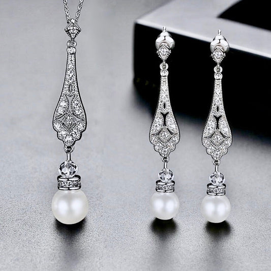 "Aretha" - Pearl and Cubic Zirconia Bridal Jewelry Set