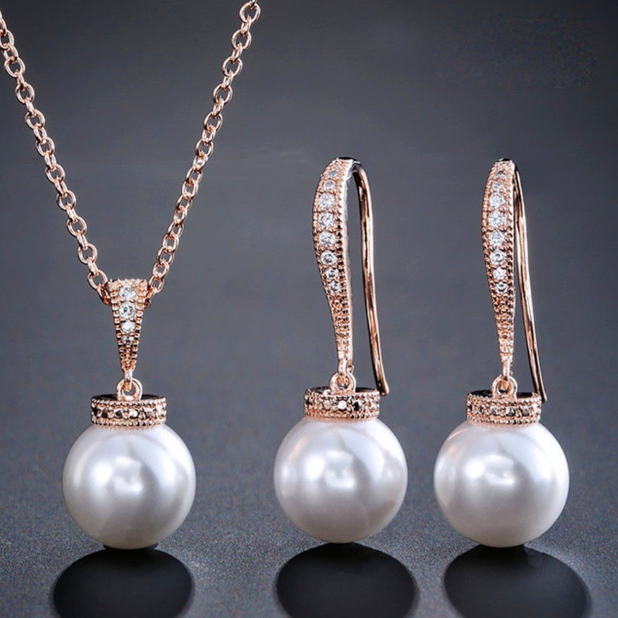 Stacey - Pearl and Cubic Zirconia Bridal Jewelry Set - Available in Silver, Rose Gold and Yellow Gold