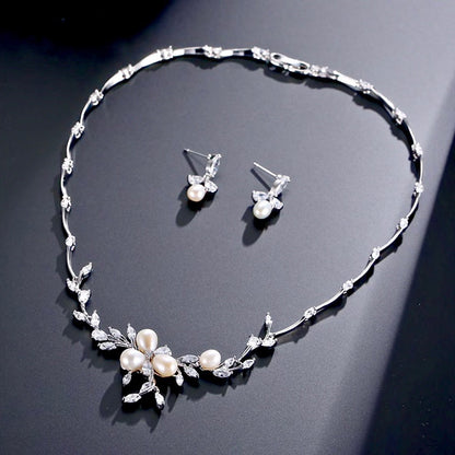 Anna - Freshwater Pearl and Cubic Zirconia Bridal Jewelry Set - Available in Silver, Rose Gold and Yellow Gold