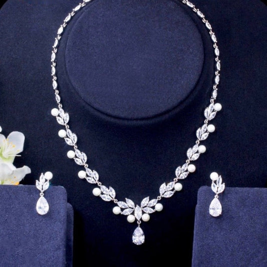 Tamron - Pearl and Cubic Zirconia Bridal Necklace and Earrings Set