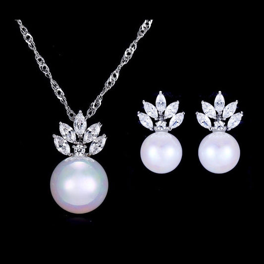 Catherine - Pearl and Cubic Zirconia Jewelry Set - Available in Silver and Gold