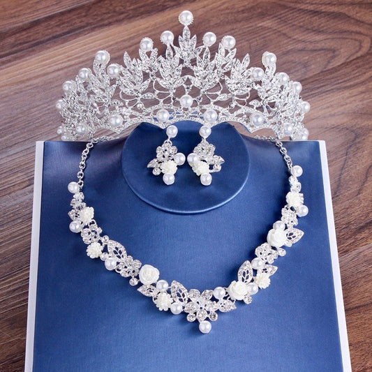 "Tosca" - Pearl and Crystal 3-Piece Bridal Jewelry Set With Tiara