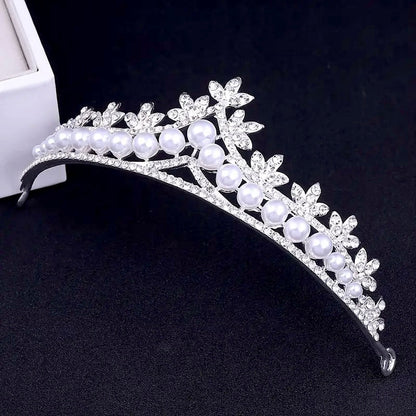 Annie - Silver Crystal and Pearl 3-Piece Bridal Jewelry Set With Half Tiara