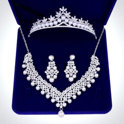 Annie - Silver Crystal and Pearl 3-Piece Bridal Jewelry Set With Half Tiara