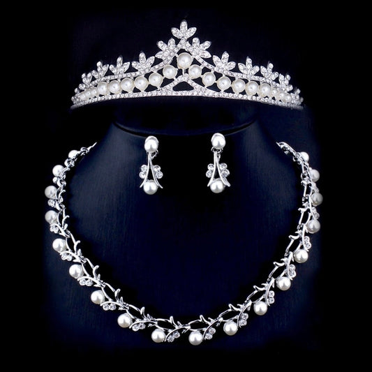Veronica - Silver Crystal and Pearl 3-Piece Bridal Jewelry Set With Half Tiara