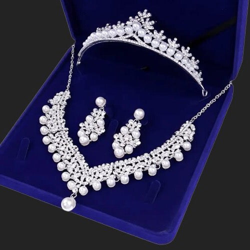 Annie - Silver Crystal and Pearl 3-Piece Bridal Jewelry Set With Half Tiara