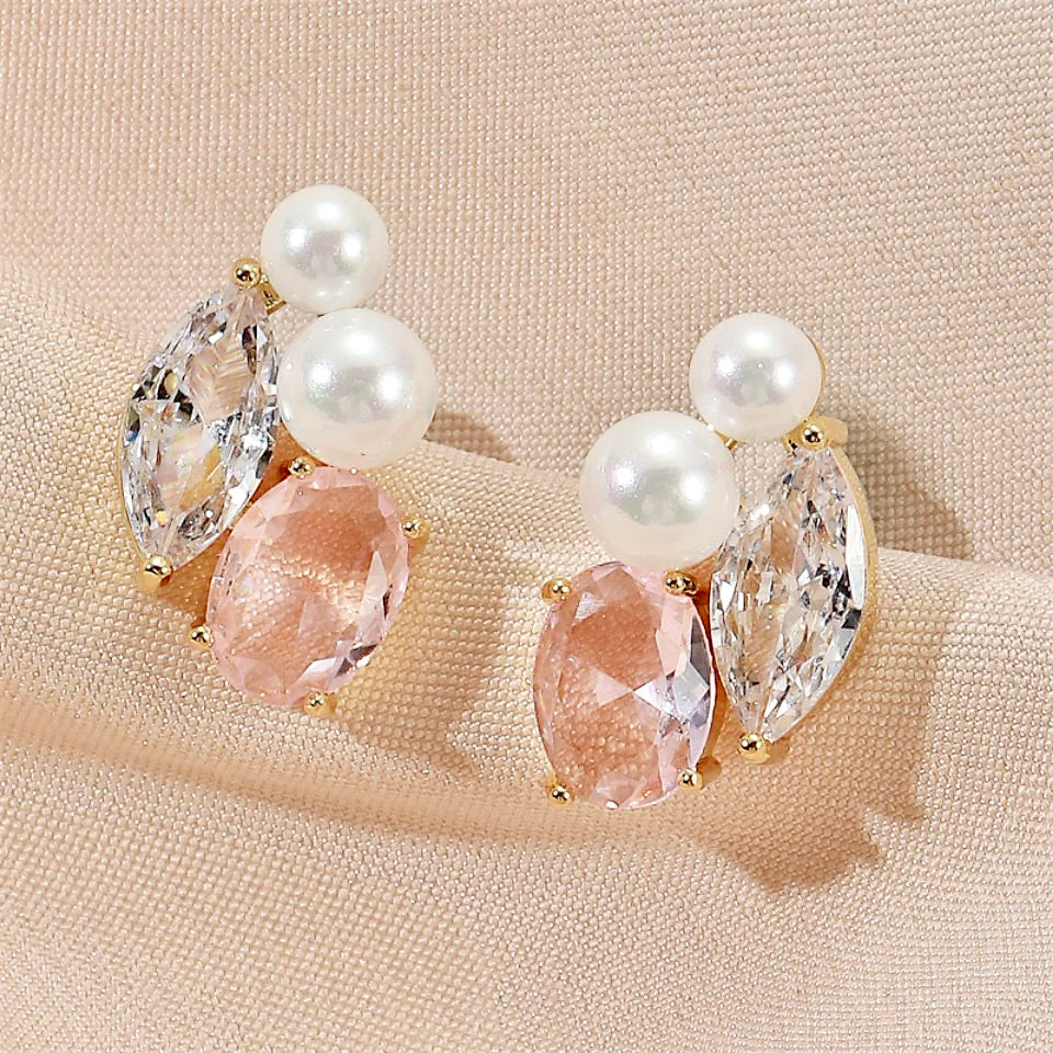 "Lumi" - Pearl and Pink CZ Bridal Stud Earrings