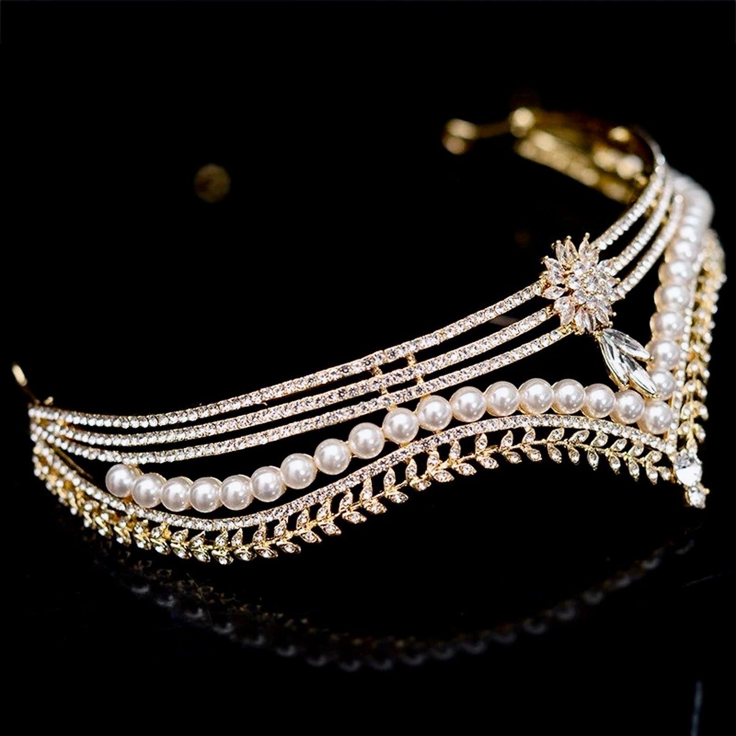 Reagan - Pearl and Crystal Bridal Tiara - Available in Gold and Silver