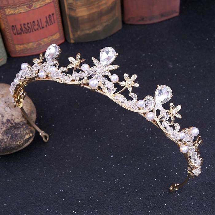 Edith - Wedding Pearl and Cubic Zirconia Tiara - Available in Silver and Gold