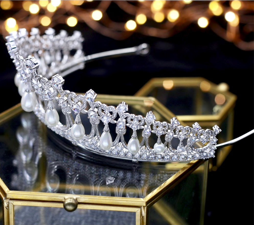 Diana - Silver Pearl and Cubic Zirconia Bridal Tiara