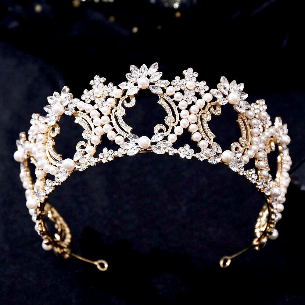 Everleigh - Pearl and Crystal Bridal Tiara - Available in Gold and Silver