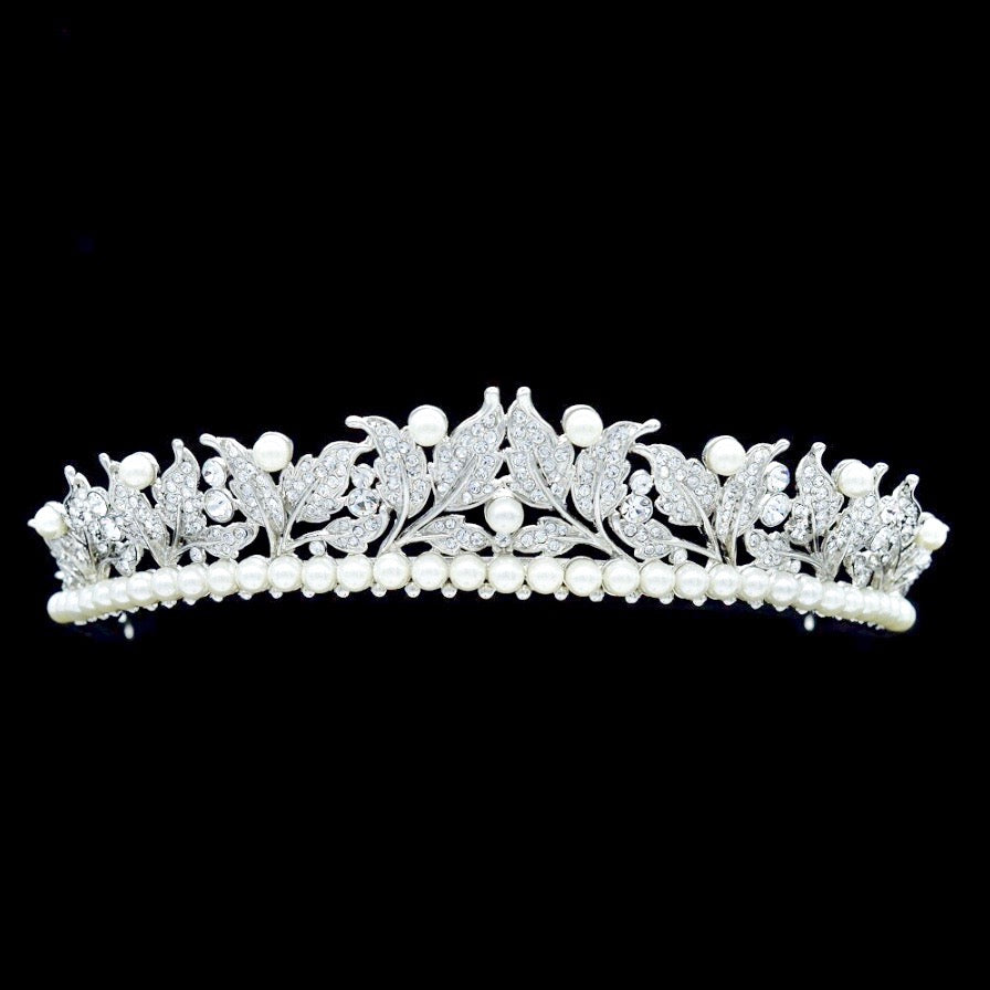 "Cumbria" - Pearl and Cubic Zirconia Bridal Tiara - Available in Silver and Yellow Gold