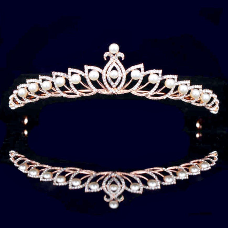 Tracy - Wedding Pearl and Cubic Zirconia Tiara - Available in Silver and Rose Gold
