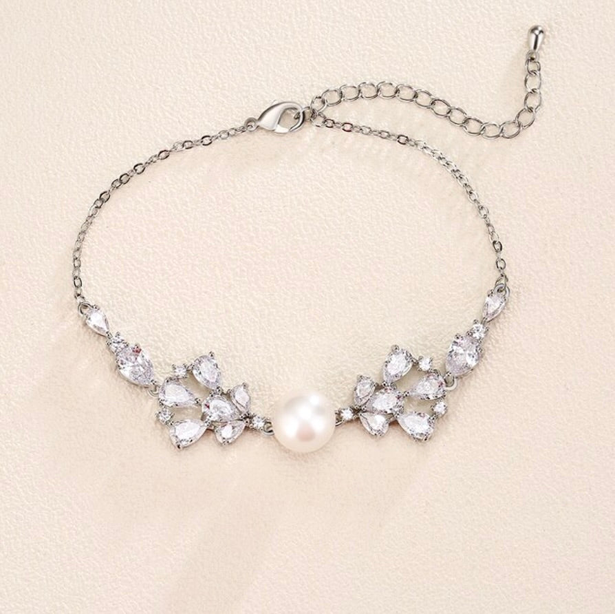 "Evanna" - Pearl and Cubic Zirconia Bridal Bracelet - Available in Silver, Rose Gold and Yellow Gold