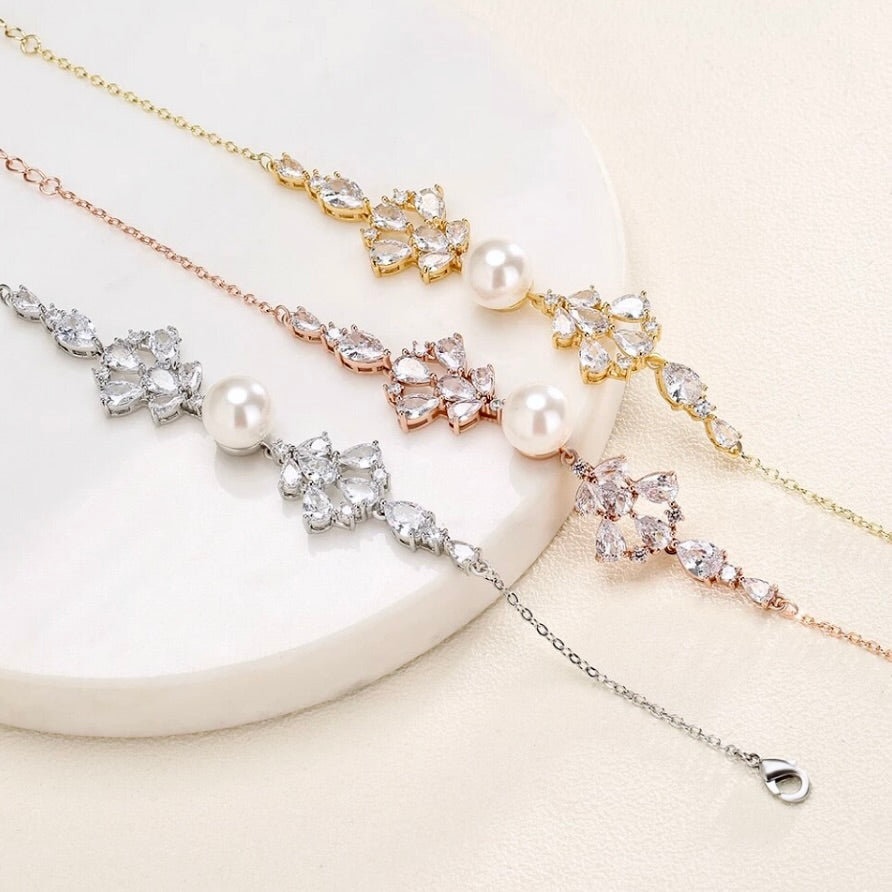 "Evanna" - Pearl and Cubic Zirconia Bridal Bracelet - Available in Silver, Rose Gold and Yellow Gold