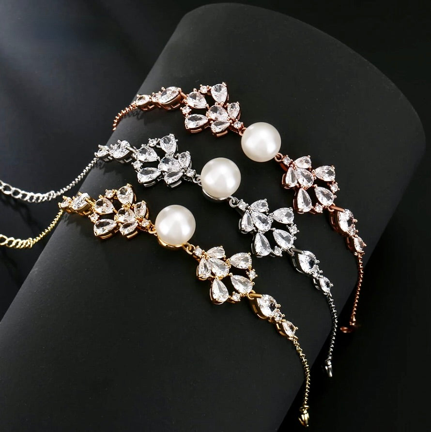 "Evanna" - Pearl and Cubic Zirconia Bridal Bracelet - Available in Silver, Rose Gold and Yellow Gold