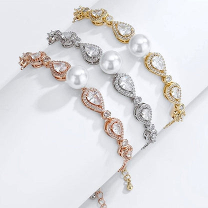 Roslyn - Pearl and Cubic Zirconia Bridal Bracelet - Available in Rose Gold, Silver and Yellow Gold