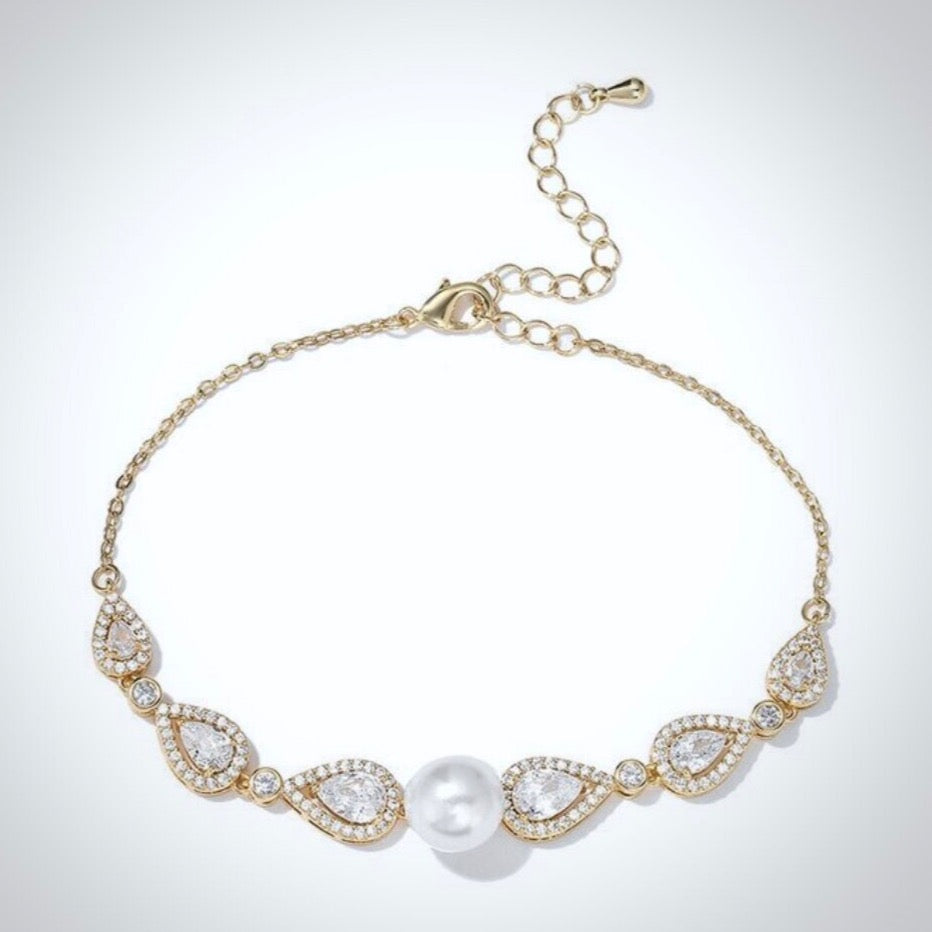 Roslyn - Pearl and Cubic Zirconia Bridal Bracelet - Available in Rose Gold, Silver and Yellow Gold
