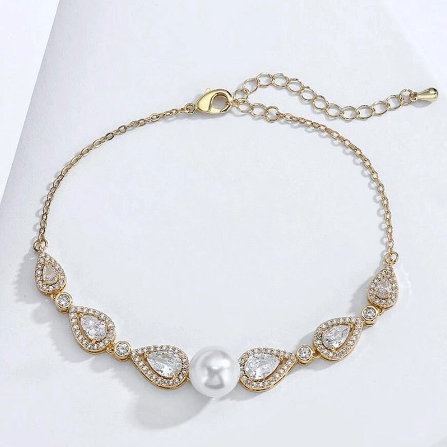 Roslyn - Pearl and Cubic Zirconia Bridal Bracelet - Available in Rose Gold, Silver and Yellow Gold