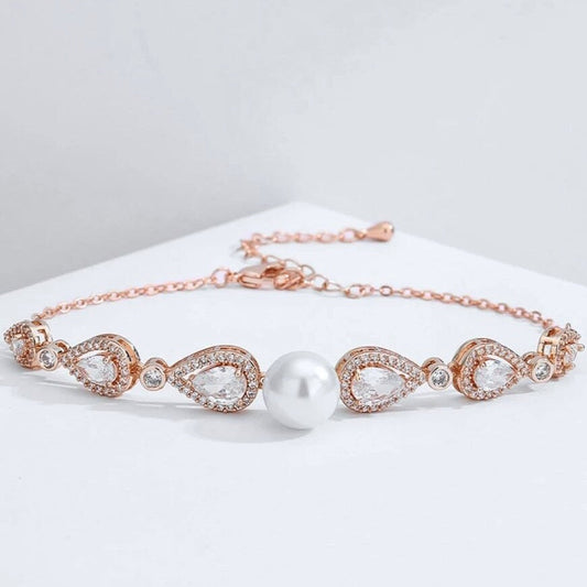 Roslyn - Pearl and Cubic Zirconia Bridal Bracelet - Available in Rose Gold, Silver and Yellow Gold