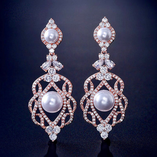 Versailles - Pearl and Cubic Zirconia Bridal Earrings - Available in Rose Gold and Silver