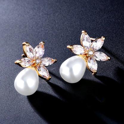 Darlene - Pearl and Cubic Zirconia Bridal Earrings - Available in Silver and Rose Gold
