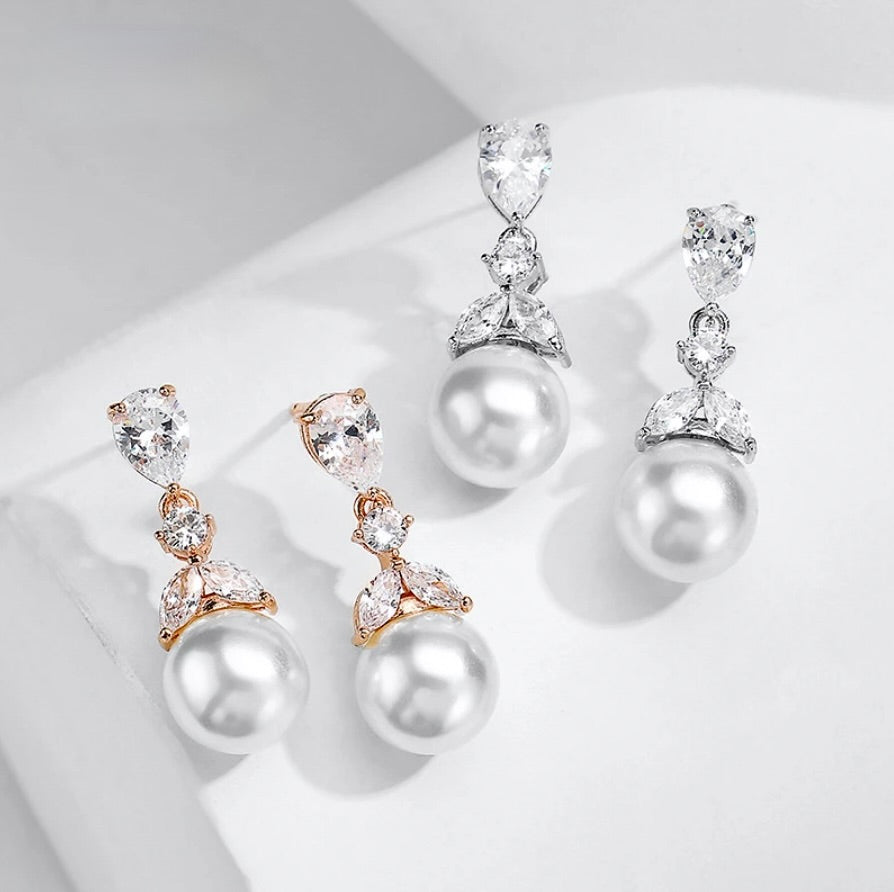 Chantria - Pearl and Cubic Zirconia Bridal Jewelry Set - Available in Rose Gold and Silver