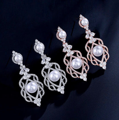 Versailles - Pearl and Cubic Zirconia Bridal Earrings - Available in Rose Gold and Silver