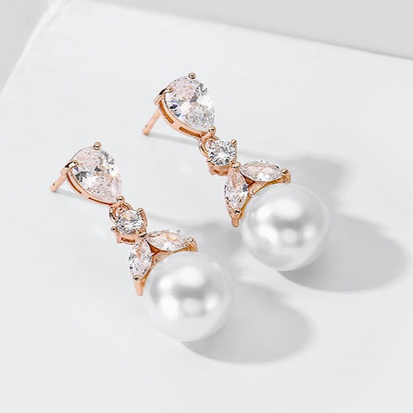 Chantria - Pearl and Cubic Zirconia Bridal Earrings - Available in Rose Gold and Silver