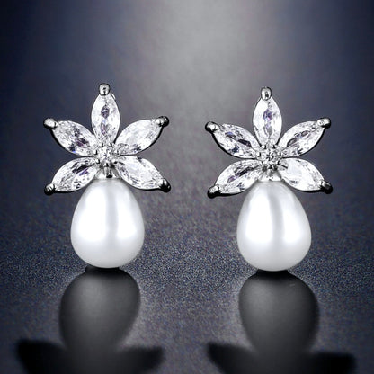 Darlene - Pearl and Cubic Zirconia Bridal Earrings - Available in Silver and Rose Gold