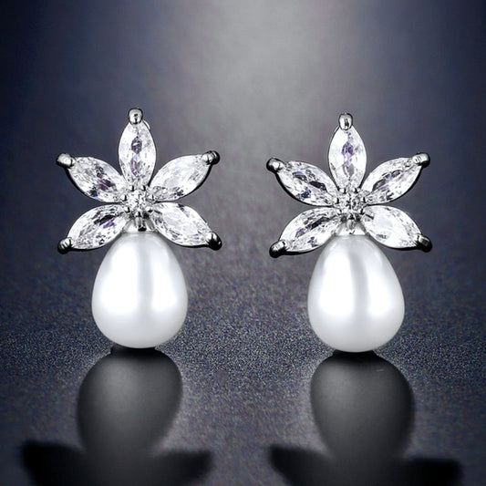 Darlene - Pearl and Cubic Zirconia Bridal Earrings - Available in Silver and Rose Gold