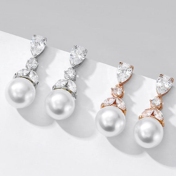 Chantria - Pearl and Cubic Zirconia Bridal Earrings - Available in Rose Gold and Silver