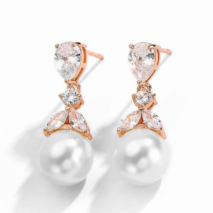 Chantria - Pearl and Cubic Zirconia Bridal Earrings - Available in Rose Gold and Silver