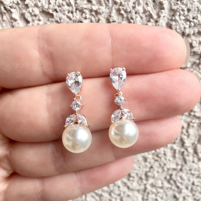 Chantria - Pearl and Cubic Zirconia Bridal Earrings - Available in Rose Gold and Silver