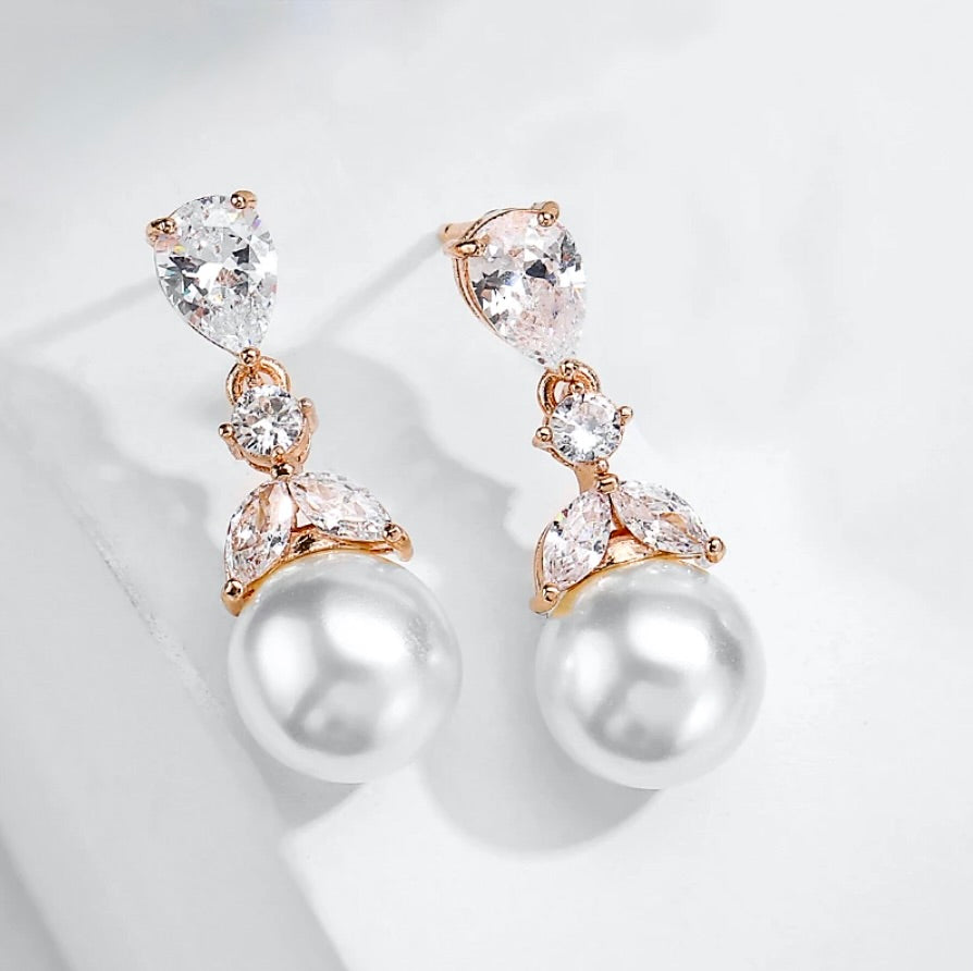 Chantria - Pearl and Cubic Zirconia Bridal Jewelry Set - Available in Rose Gold and Silver