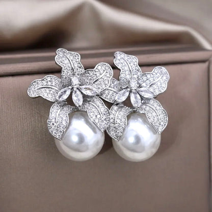 "Noelani" - Orchid Pearl and Cubic Zirconia Bridal Earrings - Available in Silver and Gold