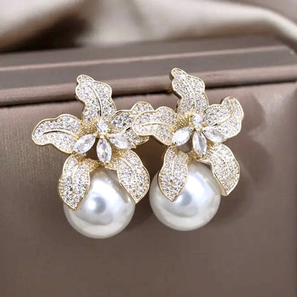 "Noelani" - Orchid Pearl and Cubic Zirconia Bridal Earrings - Available in Silver and Gold