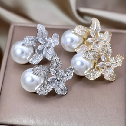 "Noelani" - Orchid Pearl and Cubic Zirconia Bridal Earrings - Available in Silver and Gold