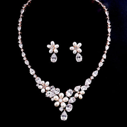Eloise - Freshwater Pearl and Cubic Zirconia Bridal Jewelry Set - Available in Silver and Rose Gold