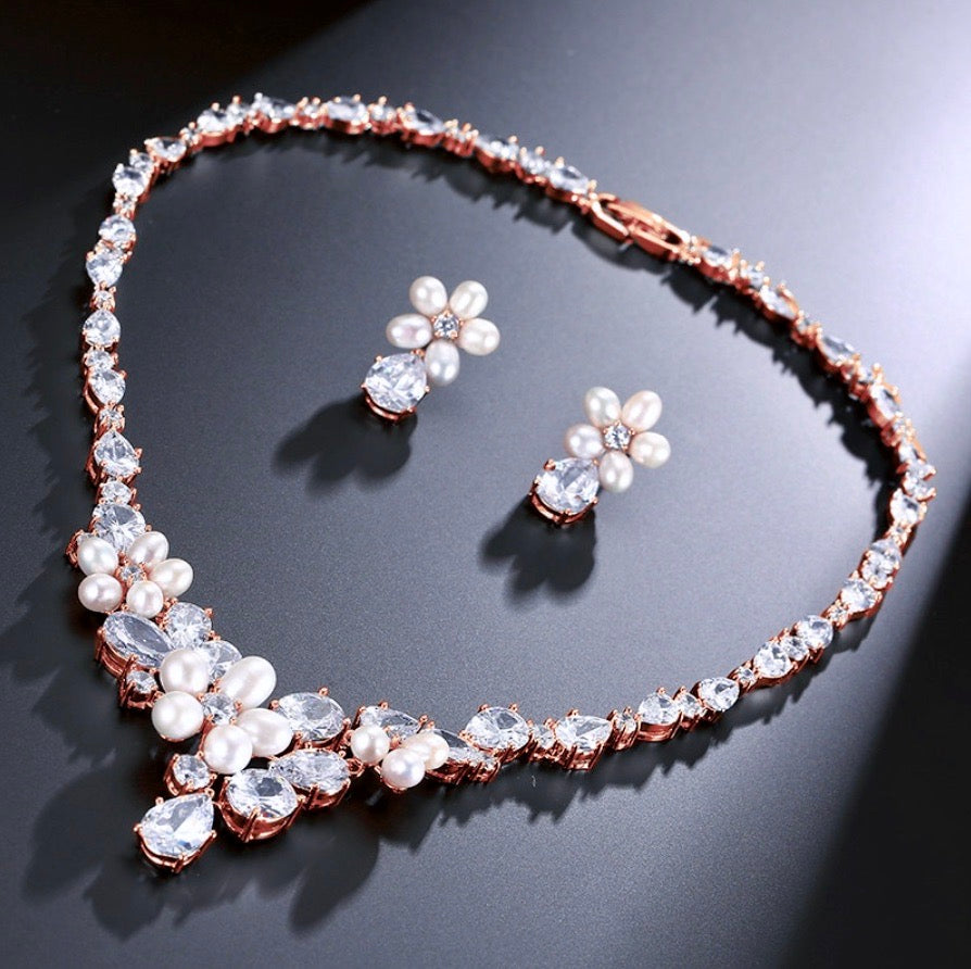 Eloise - Freshwater Pearl and Cubic Zirconia Bridal Jewelry Set - Available in Silver and Rose Gold
