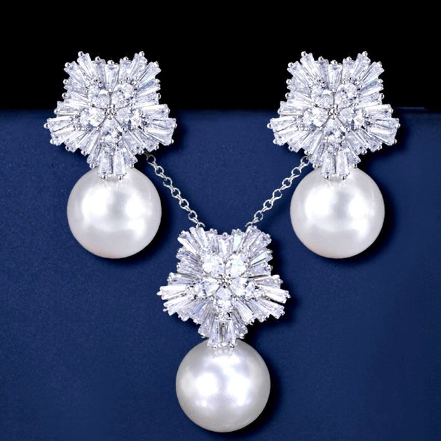 Alba - Pearl and Cubic Zirconia Snowflake Bridal Jewelry Set - More Colors