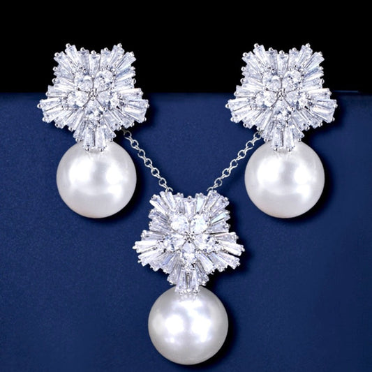Alba - Pearl and Cubic Zirconia Snowflake Bridal Jewelry Set - More Colors