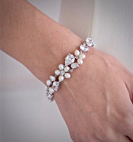 Eloise - Freshwater Pearl and Cubic Zirconia Bridal Bracelet - Available in Rose Gold and Silver